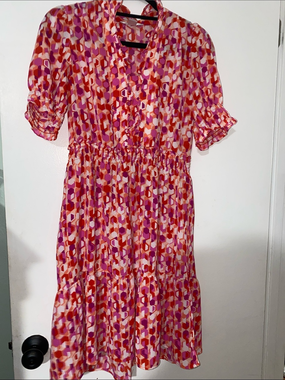 London Times Women’s Pink & Red Geometric Print Short Sleeve Dress